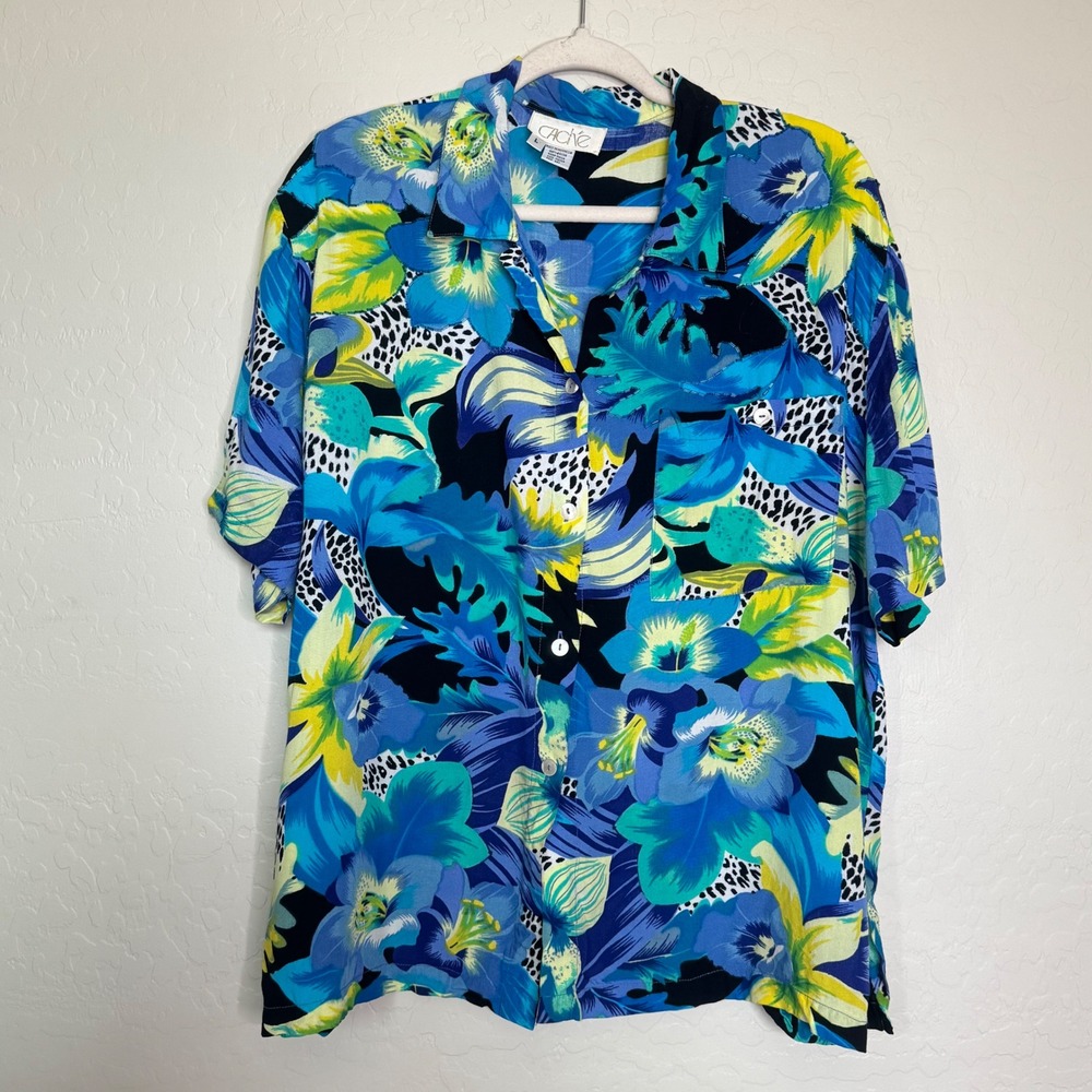 Cache Womens 100% Rayon Tropical Floral Beaded Button Up Shirt L Blue Good Vtg